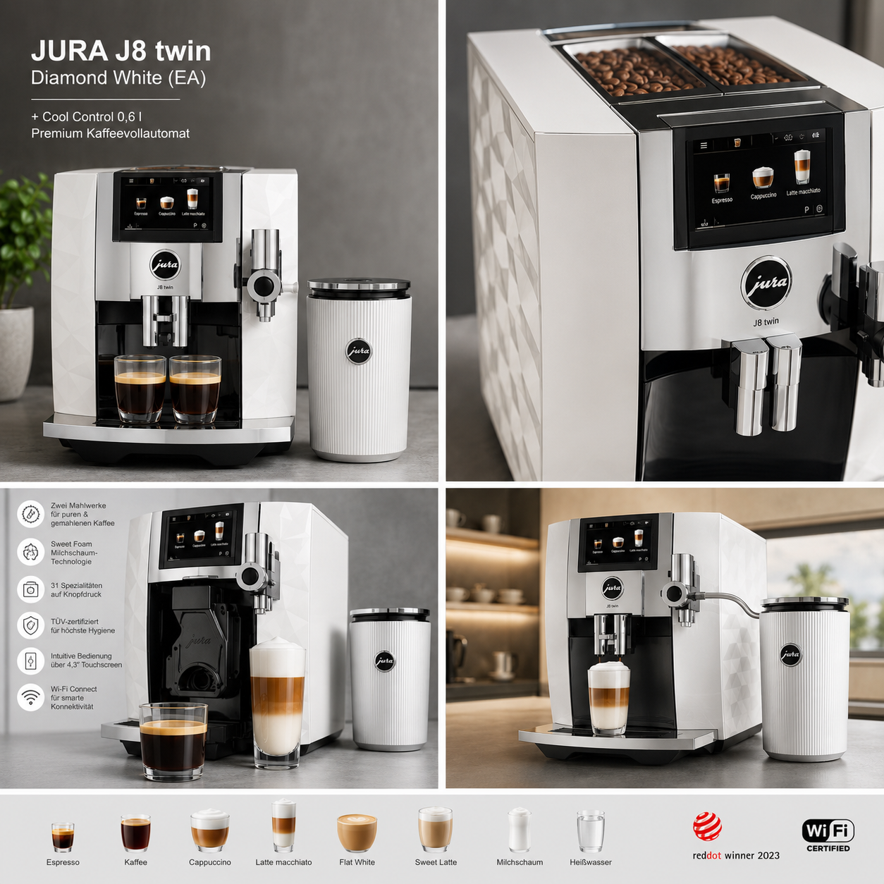 JURA J8 twin Diamond White (EA) + Cool Control 0,6 l – Premium Kaffeevollautomaten-Set