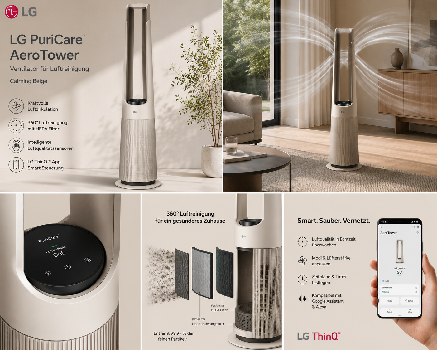 LG PuriCare AeroTower Ventilator fuer Luftreinigung - Calming Beige