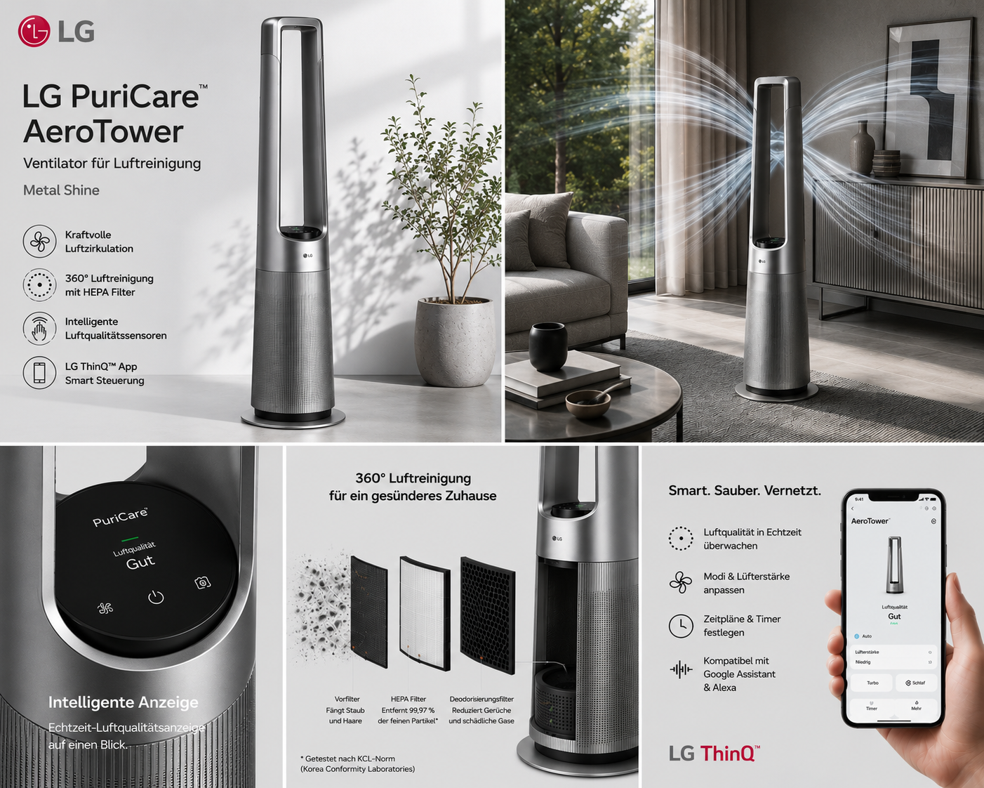 LG PuriCare AeroTower Ventilator fuer Luftreinigung - Metal Shine