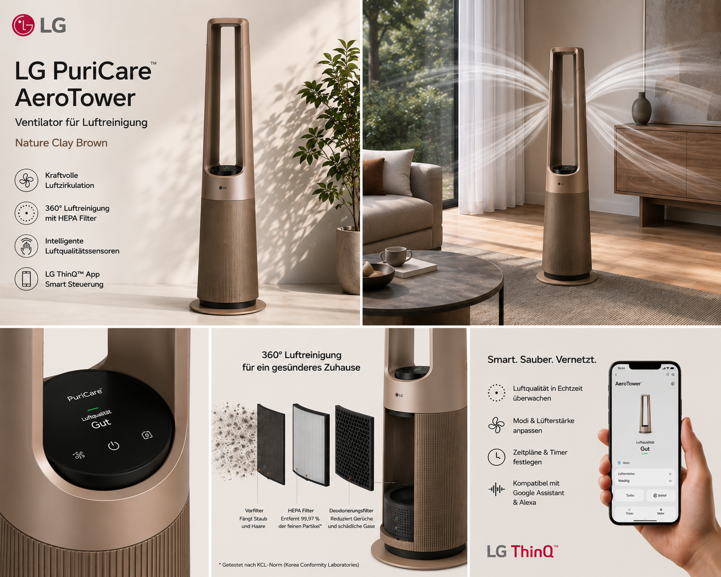 LG PuriCare AeroTower Ventilator fuer Luftreinigung - Nature Clay Brown