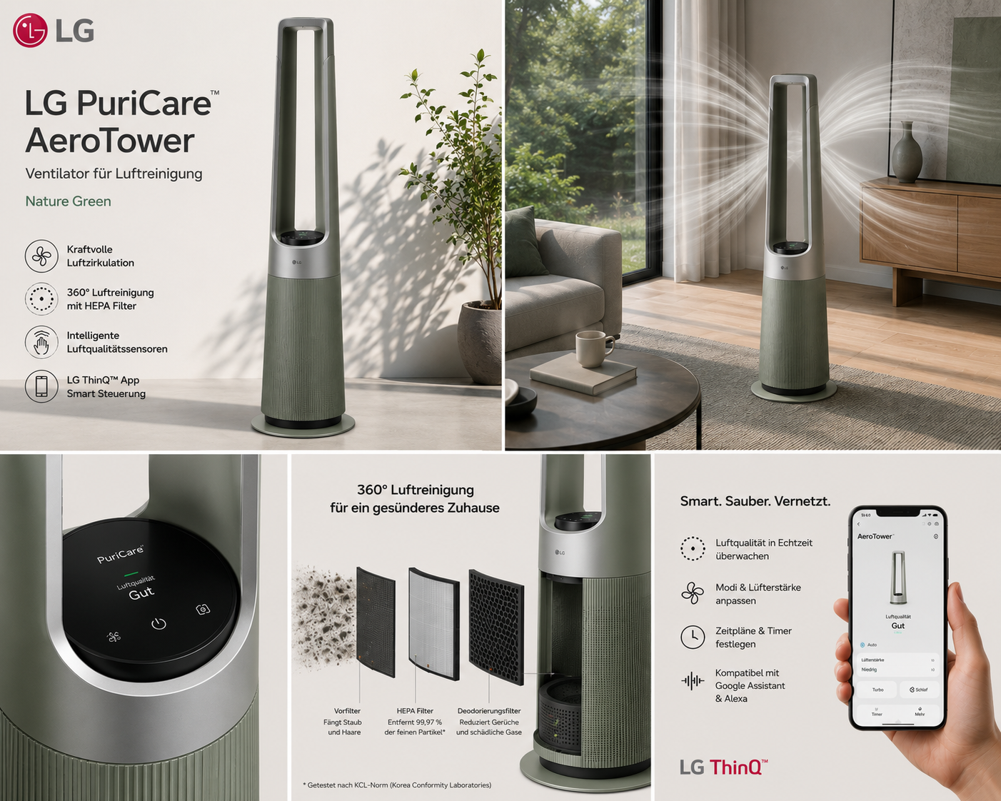 LG PuriCare AeroTower Ventilator fuer Luftreinigung - Nature Green