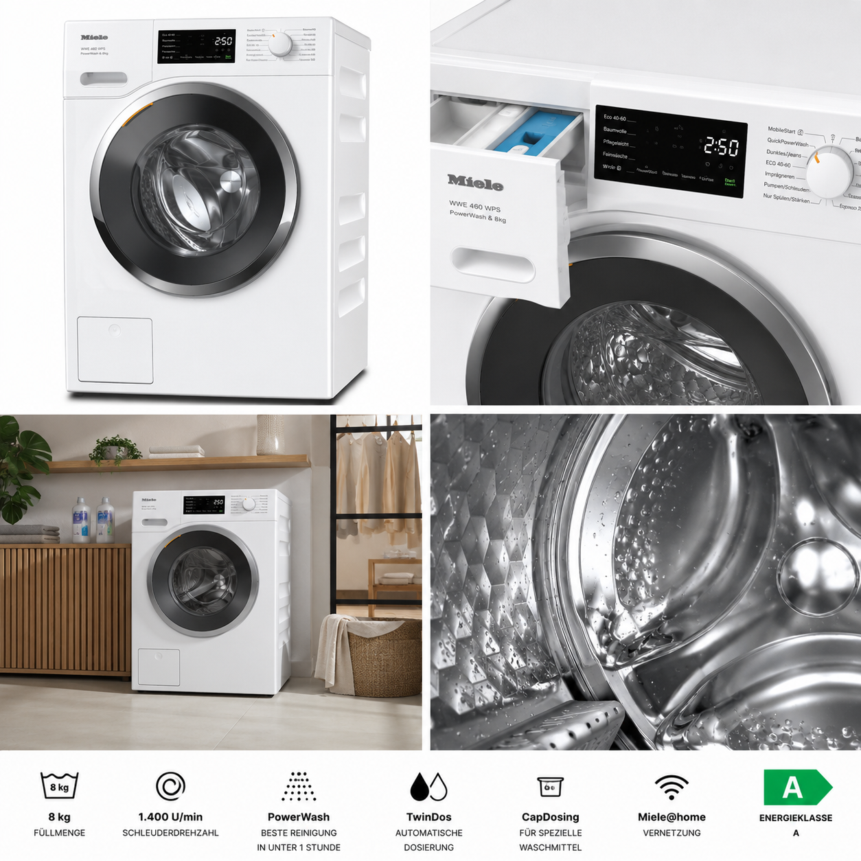 Miele WWE 460 WPS PowerWash 8 kg Waschmaschine – 1.400 U/min, Energieklasse A