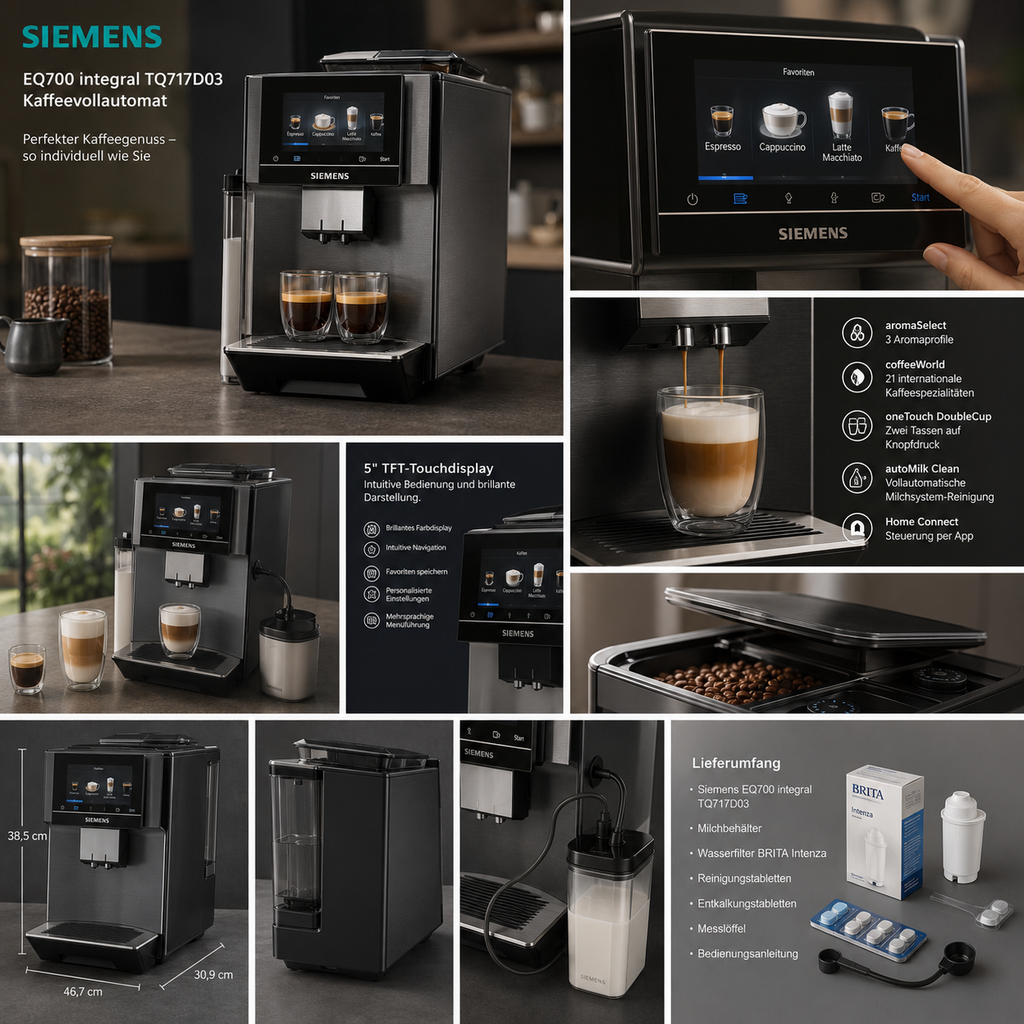 Siemens EQ700 integral TQ717D03 Kaffeevollautomat – 5 Zoll TFT-Touchdisplay, Dark Inox